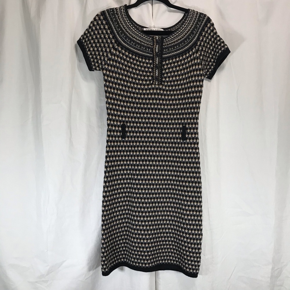 Trina Turk Wool Knit Body Con Printed Sweater Dress